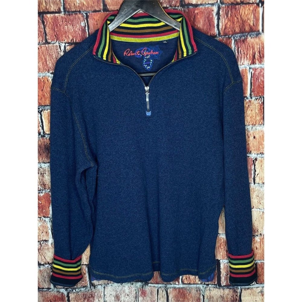 Robert Graham Mens L Blue Thermal Waffle Long Sleeve 1/4 Zip Pullover Sweater